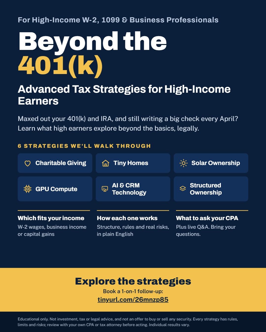 Advance Tax Strategies for High Income W2, 1099 Professionals and Business Owners
